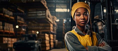 African Female Warehouse Worker Posing With A Forklift In A Textile