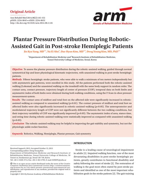 PDF Plantar Pressure Distribution During Robotic Assisted Gait In