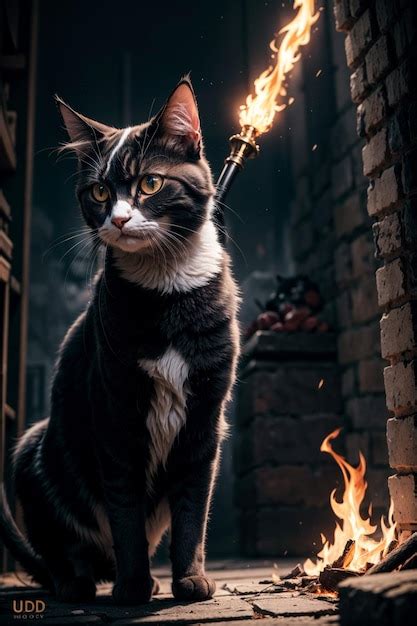 Premium Ai Image Cat On Fire With A Torch In The Background