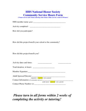 Fillable Online HHS National Honor Society Community Service Hours Form