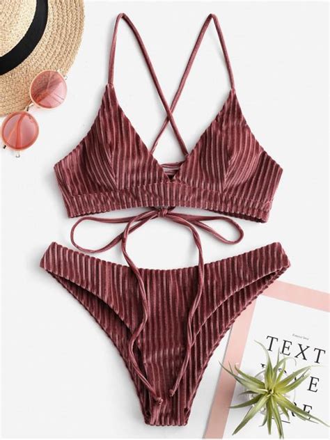 32 Off 2021 Zaful Velvet Ribbed Lace Up Bikini Set In Lipstick Pink Zaful