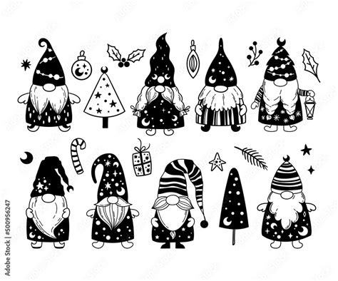 Hand drawn Christmas Gnomes black and white bundle, Winter magical ...