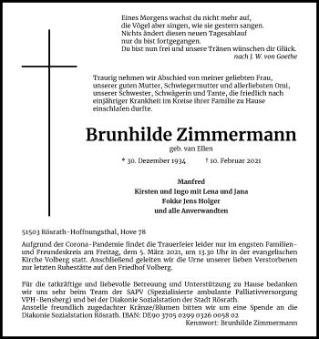 Traueranzeigen Von Brunhilde Zimmermann WirTrauern