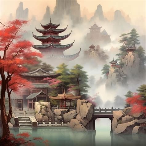 Peinture d un paysage chinois avec une pagode et un pont ai génératif