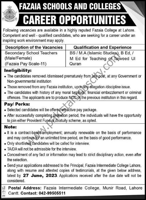 Fazaia Schools And Colleges Jobs June 2023