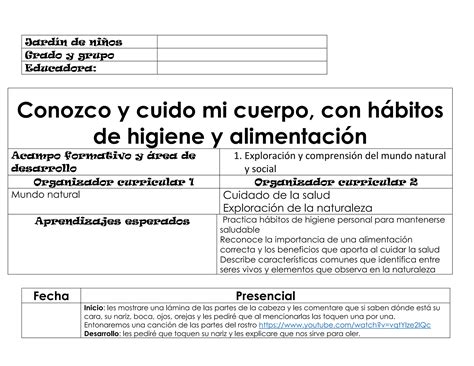 Plan Conozco Y Cuido Mi Cuerpo Alimentacion E Higiene Pdf