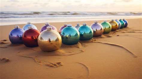 Premium AI Image Christmas Baubles On A Sandy Beach By The Sea Horizontal