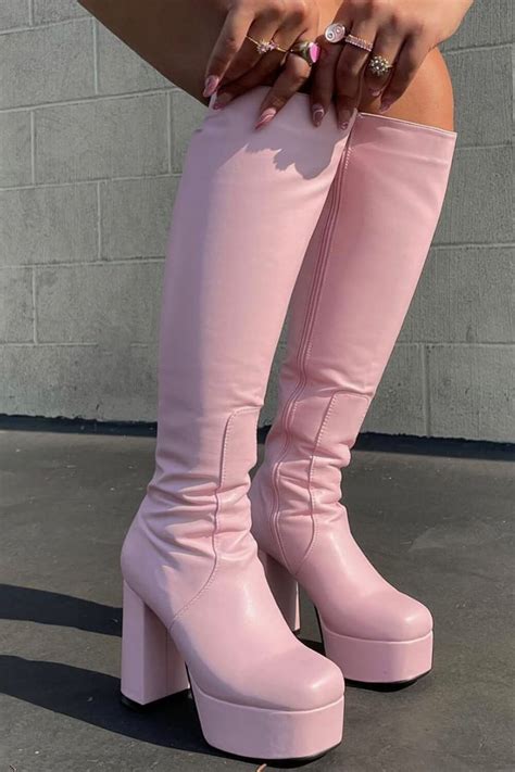 Pink Chunky Platform Block Heel Knee High Boots Floralkini