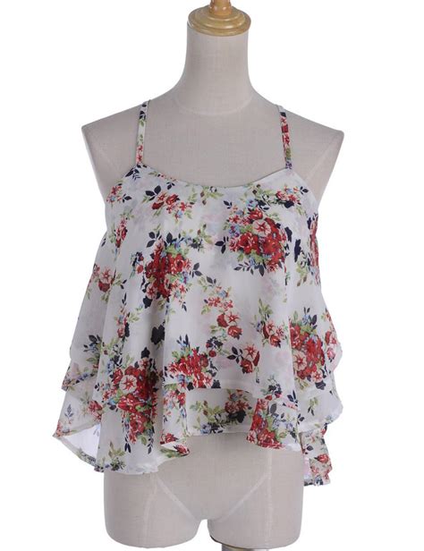 White Flowy Floral Chiffon Overlay Crop Top Tank Prettyguide