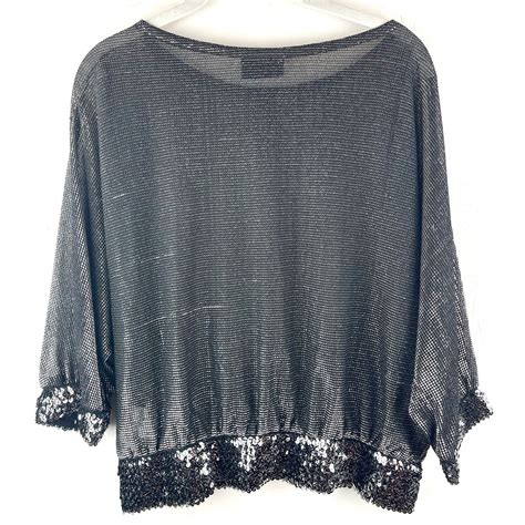 Vintage S Nana Apart Disco Bat Wing Top Black Silver Sequin