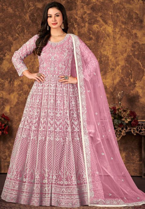 Buy Embroidered Net Abaya Style Suit In Light Pink Online KCH10202