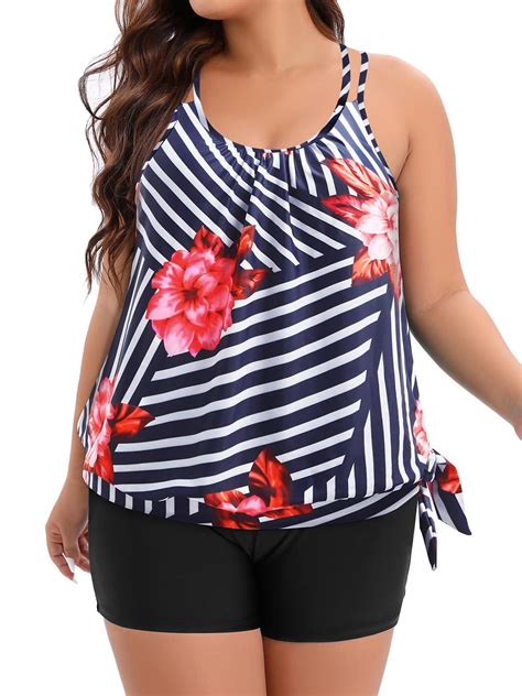 Chama Plus Size 2 Piece Swimsuit For Women Side Tie Blouson Tankini Bathing Suits Tummy Control