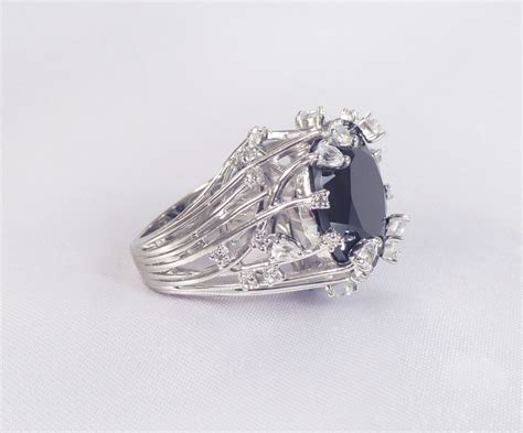 On Sale 24 Carat Natural Black Spinel White Topaz Celestial Ring Size 8 925 Sterling Silver