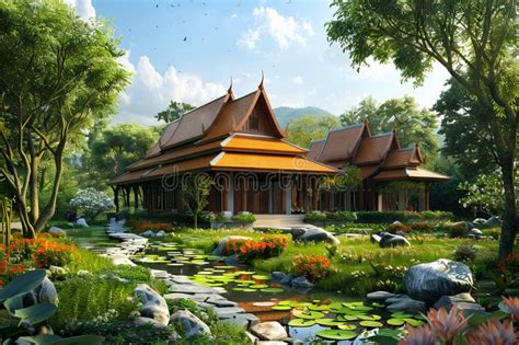 A Beautiful Thai House In The Middle Of A Pond Stock Image Image Of