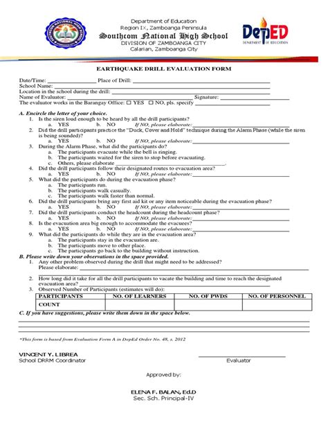 Southcom National High School Earthquake Drill Evaluation Form Pdf