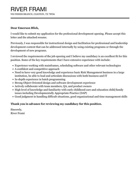 Professional Development Cover Letter Velvet Jobs