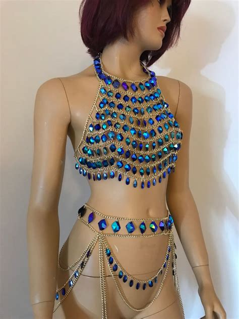 Festival Clothing Body Chain Blue Crystal Gold Chain Crop Etsy Body