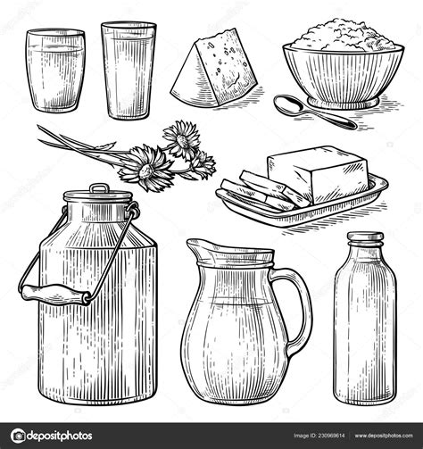 Collection Items Dairy Products Drawing Sketch Glass Milk Bottle Iron