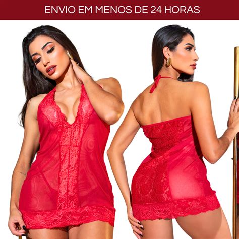 Camisola Sensual Renda Combinete Lingerie Calcinha Fio Dental