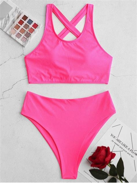 [27 Off] 2020 Zaful Neon High Cut Ribbed Criss Cross Tankini Swimsuit