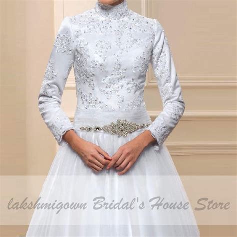 White Muslim High Neck Wedding Dress Satin Long Sleeve Roycebridal