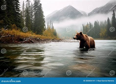 Brown Bear Walking Through The River With Beautiful Forest And