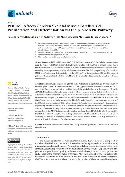 PDLIM5 Affects Chicken Skeletal Muscle Satellite Cell Proliferation And