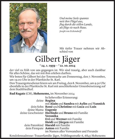 Todesanzeigen von Gilbert Jäger Todesanzeigen Vorarlberger Nachrichten