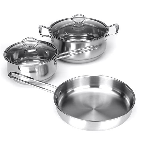 3-Piece Stainless Steel Cookware Set, Soup Pot,Fry Pot, Saucepan, Home Kitchen Cooking Utensils ...