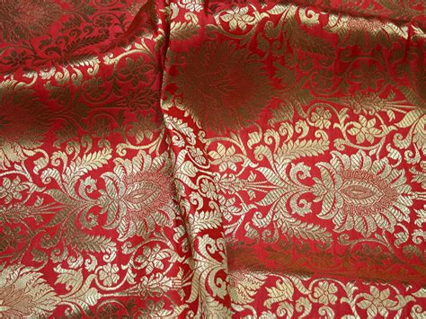 Coral Red Brocade Fabric By The Yard For Jacket Banarasi Etsy