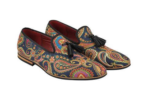 Mens Leather Tassel Loafer Vintage Designer Style Paisley Print Shoes Black Blue Ebay