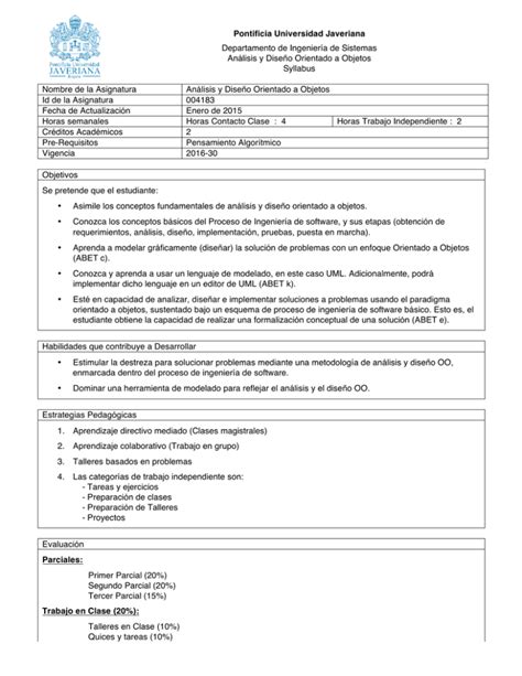 Syllabus Departamento De Ingenier A De Sistemas