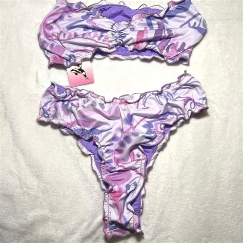 Oceanus Swimwear Purple Pink Ruffle Bandeau Bikini Depop