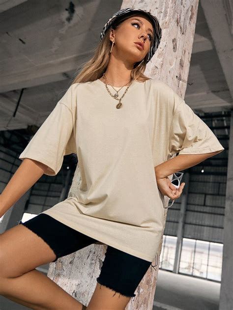 Solid Drop Shoulder Oversized Tee Oversized Top Outfit Casual Work