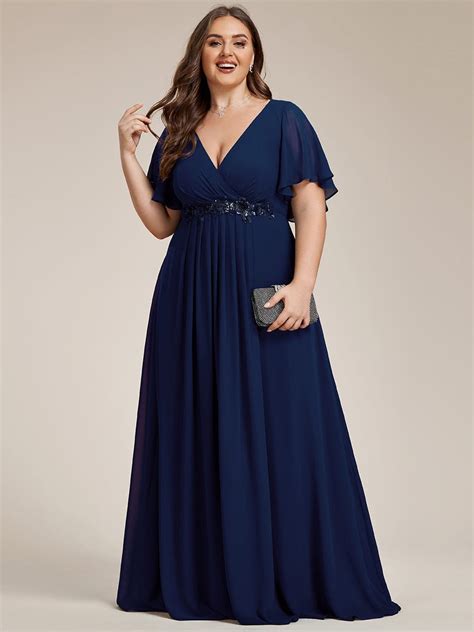 Plus Size V Neck Chiffon Applique Flutter Sleeves Evening Dress Ever