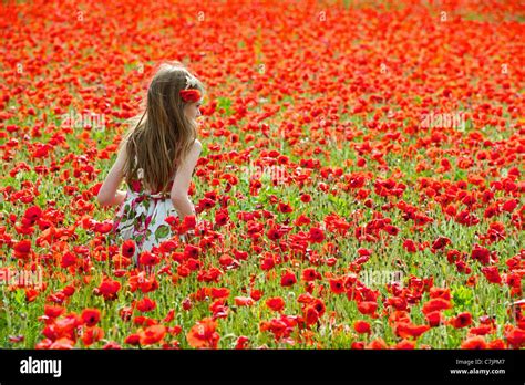 Girl Walking In Field Of Flowers Stock Photo Alamy