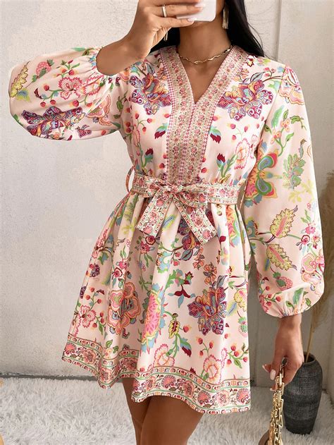 Floral Print Bishop Sleeve Belted Dress Shein Uk