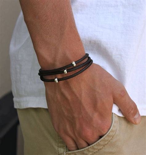 Mens Leather Wrap Bracelet Silver Beads Brown Leather Cord Wrap