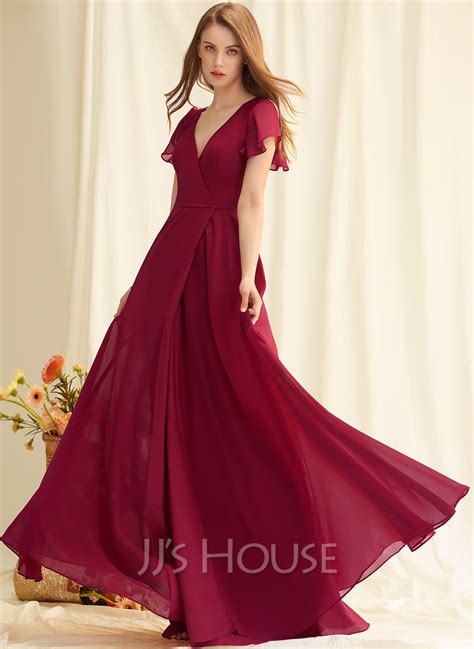 A Line V Neck Floor Length Chiffon Bridesmaid Dress With Split Front