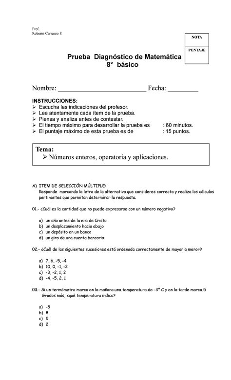 Prueba Diagnostico Matematica 8vo Prof Roberto Carrasco F Prueba Diagnóstico De Matemática 8