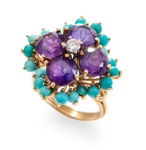 Amethyst Turquoise Diamond Ring With Ct Gold Mounting Rings