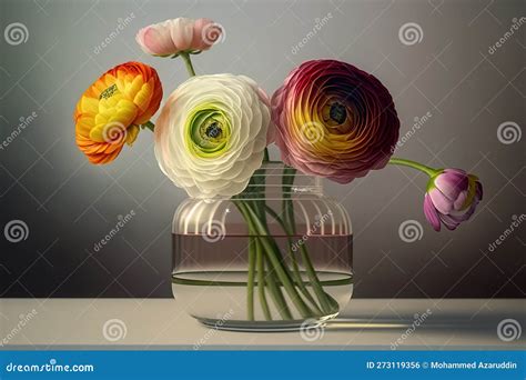 Ranunculus Flowers In A Glass Vase On Light Background Stock