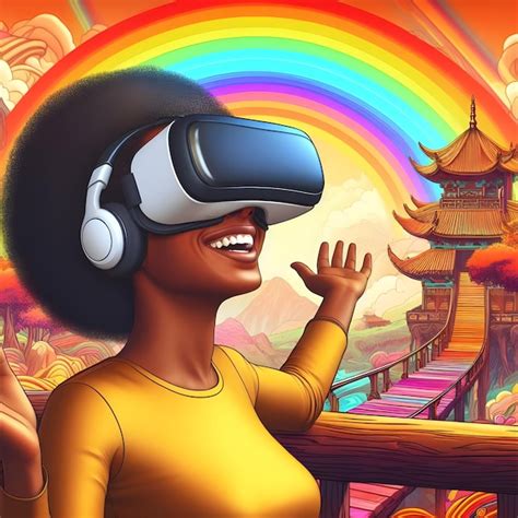 Premium Photo A Happy Black Women Wearing A VR Headset In A ShangriLa