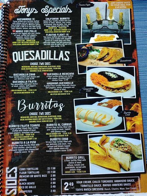 Menu At Tonys Cantina Mexican Grill Restaurant Rock Hill