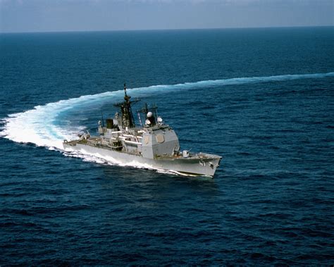 An Aerial Starboard Bow View Of The Aegis Guided Missile Cruiser Uss