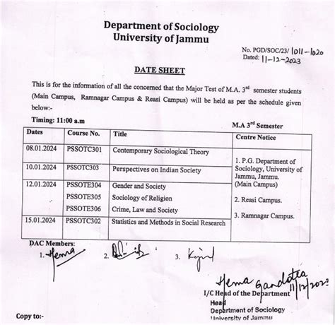 Jammu University Date Sheet M A 3rd Semester JKAlerts