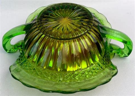 Lot Antique Northwood Carnival Glass Lustre Flute Green Ruffled Double Handled Sauce Bowl