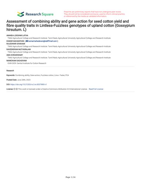 Pdf Assessment Of Combining Ability And Gene Action For Seed Cotton