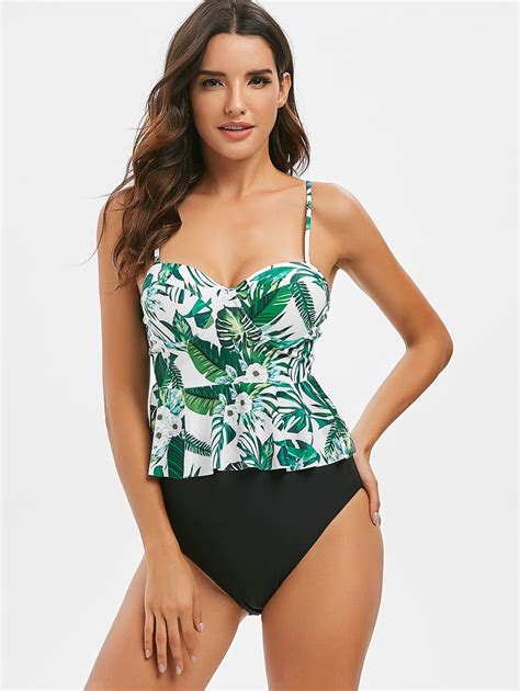 Flounce Leaf Print Underwire Tankini Swimsuit Peplum Tankini Swimsuit