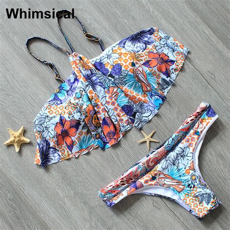 High Quality Bikini 2017 Ruffled Women Swimsuit High Neck Print